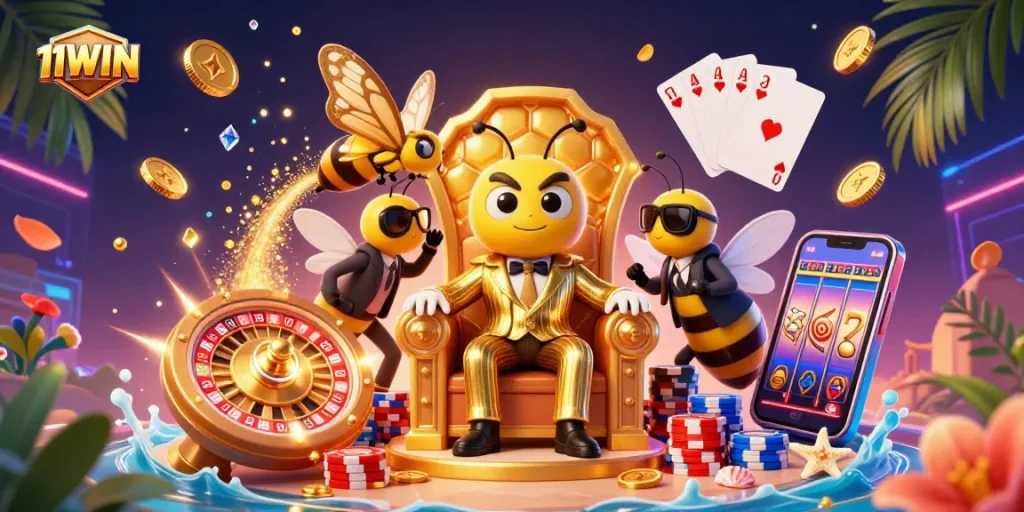 Elevate your gaming with the vibrant 11WIN illustration showcasing a buzzing casino scene packed with excitement and winnings.