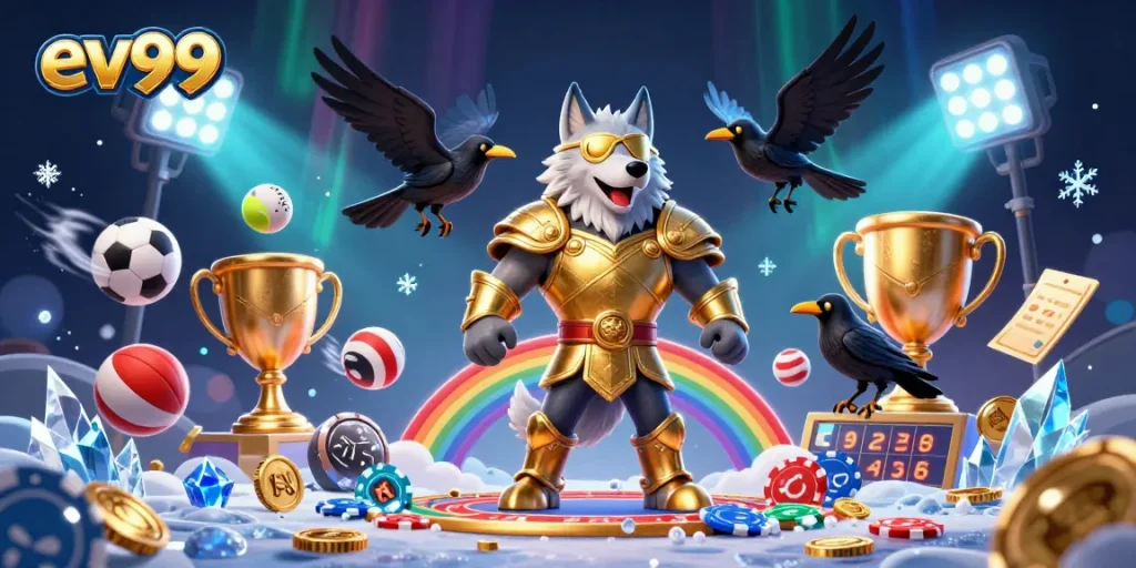 Experience excitement with ev99 in this vibrant 3D casino illustration showcasing iconic Norse mythology characters among casino elements.