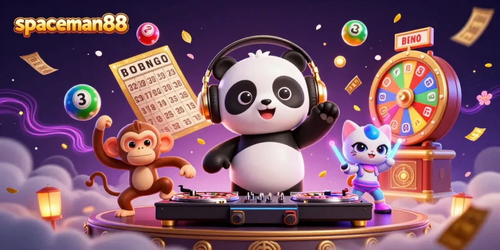 Join the fun with spaceman88 as a DJ panda spins the roulette wheels in a vibrant casino scene.