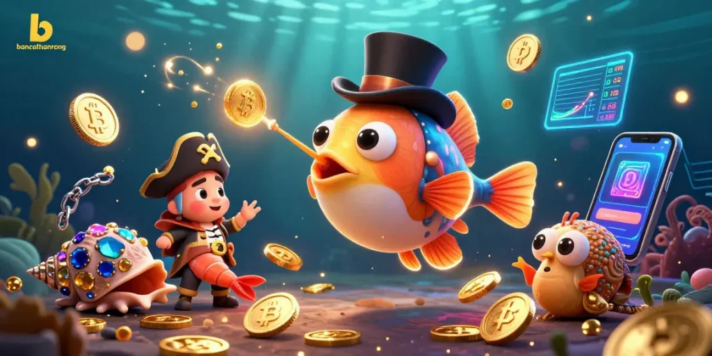 Bancathanrong showcases a vibrant underwater casino scene with an anglerfish, shrimp, and snail amidst crypto elements and treasures.