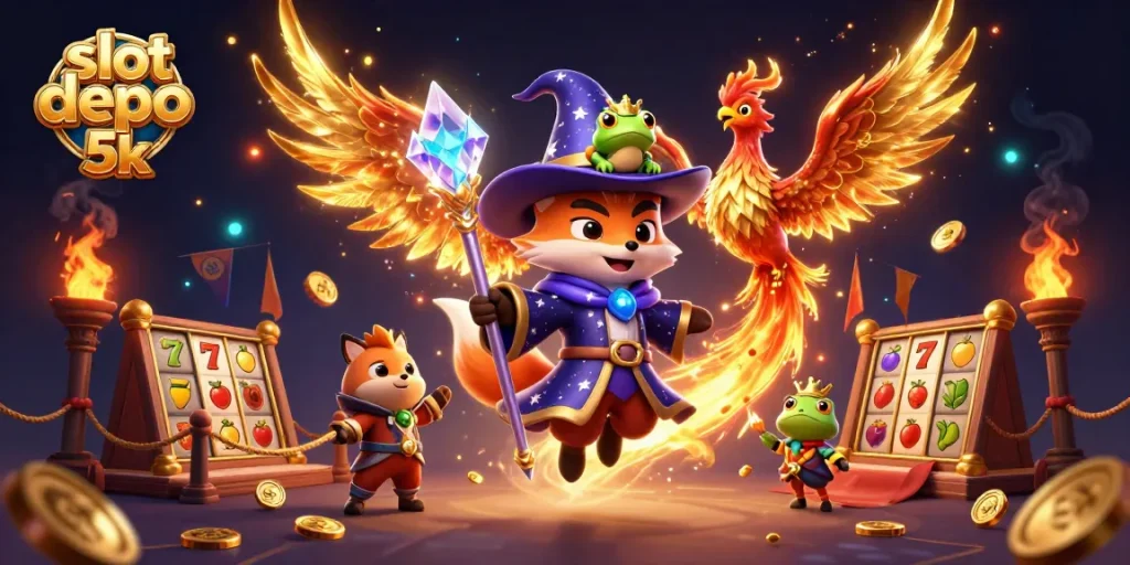 Experience thrilling gameplay in slot depo 5k with a mystical wizard fox, phoenix, and magical elements.