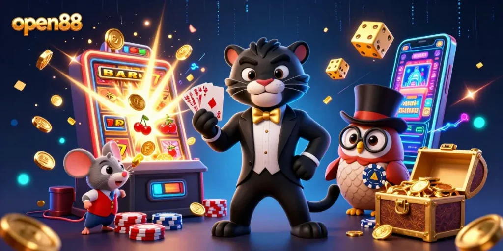 Experience thrilling gaming action at open88 with a 3D panther dealer elegantly managing cards among festive casino elements.