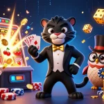 Experience thrilling gaming action at open88 with a 3D panther dealer elegantly managing cards among festive casino elements.