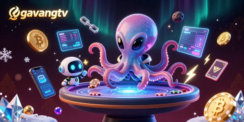 Play poker with the captivating gavangtv alien octopus in a vibrant cosmic casino scene