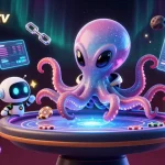 Play poker with the captivating gavangtv alien octopus in a vibrant cosmic casino scene