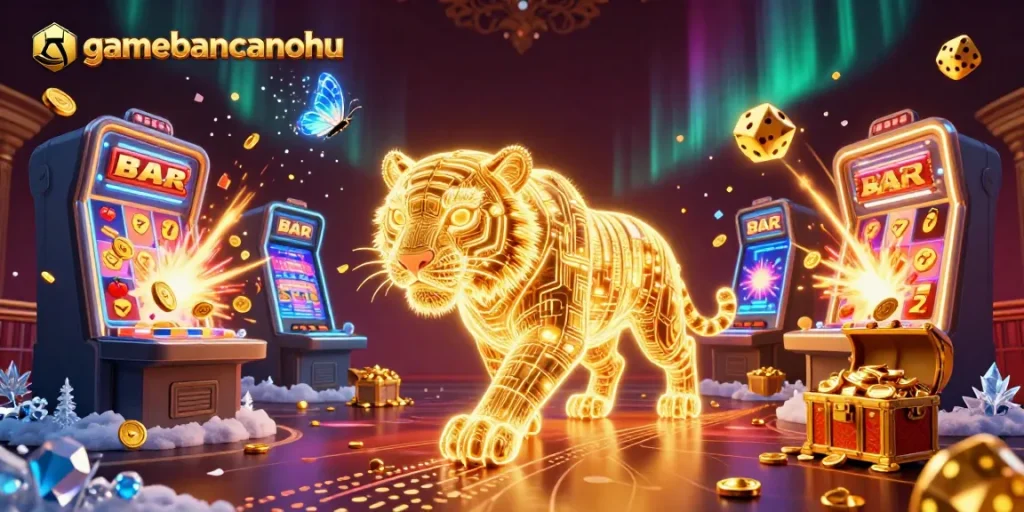Engage with gamebancanohu's vibrant digital casino realm showcasing a neon tiger amidst jackpots.