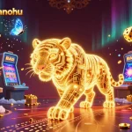Engage with gamebancanohu's vibrant digital casino realm showcasing a neon tiger amidst jackpots.