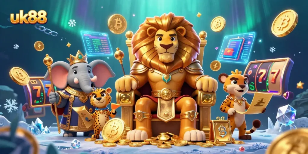 Engage with the exciting features of uk88 casino, showcasing slot games with playful characters and glowing crypto elements.