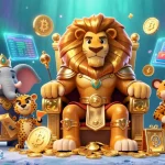 Engage with the exciting features of uk88 casino, showcasing slot games with playful characters and glowing crypto elements.