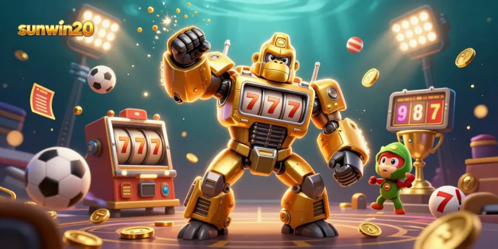 Engage with sunwin20's thrilling slot machines featuring a golden gorilla mech and dynamic sports elements.