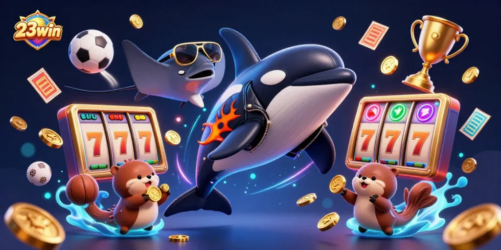 Experience the thrill of 23win with vibrant casino games, slot reels, and golden coins in a dynamic 3D illustration.
