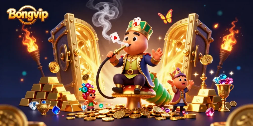 Engage with Bongvip's vibrant casino world featuring a massive caterpillar hookah-master and treasures.