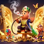 Engage with Bongvip's vibrant casino world featuring a massive caterpillar hookah-master and treasures.
