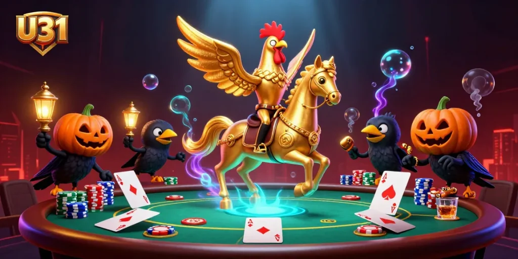 Experience U31 casino magic with intricate illustrations of gaming and vibrant characters in a midnight setting.