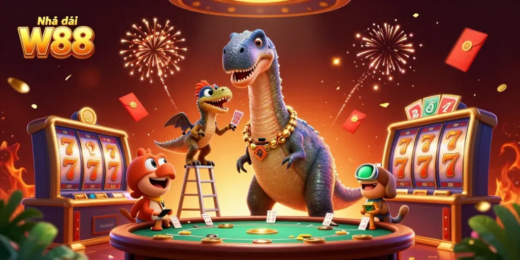 Engage with Nhà cái W88 in a vibrant 3D casino scene featuring action and excitement.