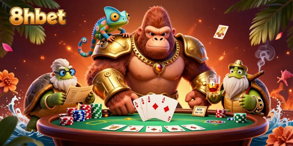 Engage with thrilling poker action at 8xbet featuring a powerful gorilla king and vibrant casino elements.