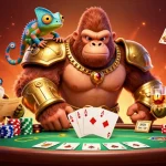 Engage with thrilling poker action at 8xbet featuring a powerful gorilla king and vibrant casino elements.