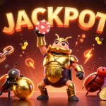 Light up your bets with TK999 as the victorious beetle celebrates a jackpot amid crypto elements!