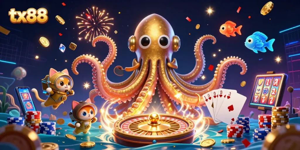 Experience excitement with tx88's dazzling kraken and vibrant gaming elements in a thrilling 3D scene.