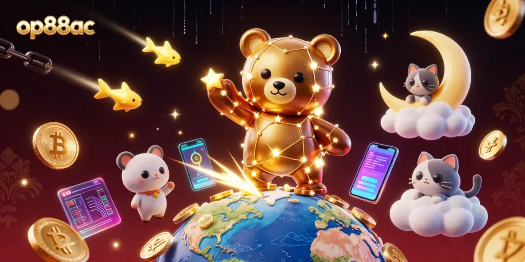 Experience excitement in op88ac with a constellation bear scooping coins in a vibrant casino world.
