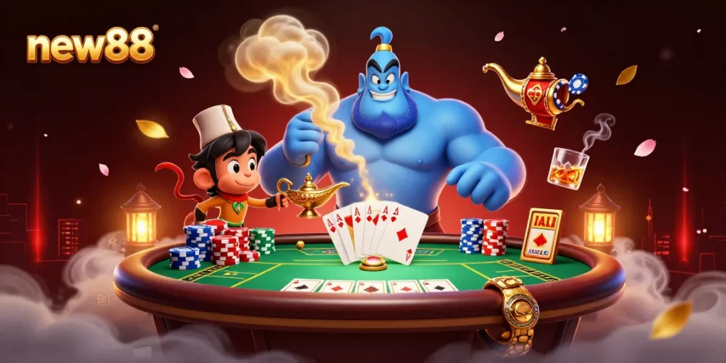 Engage with new88 at a vibrant poker game scene featuring colorful chips and characters.