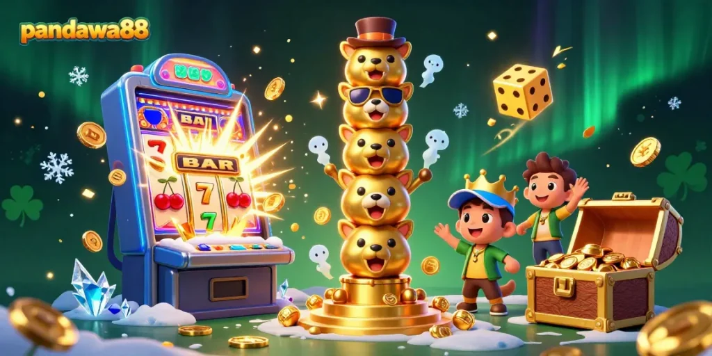 Pandawa88 showcases a lively 3D illustration with a golden totem pole surrounded by jackpot elements, attracting players with exciting casino visuals.