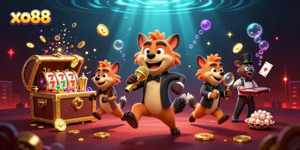 Experience xo88 with a vibrant comedy casino scene featuring hyenas, slot reels, and gold coins.