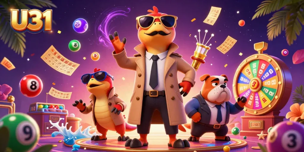 U31 gamblers enjoy a dazzling casino experience with vibrant lottery elements and raptors entertaining the crowd.