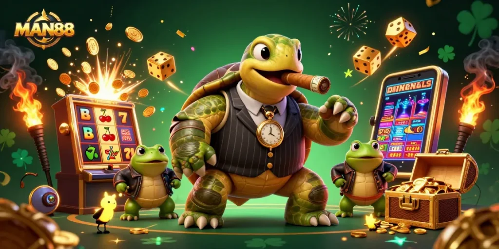 Experience the excitement of MAN88 as cartoon characters celebrate winnings with explosive payouts.