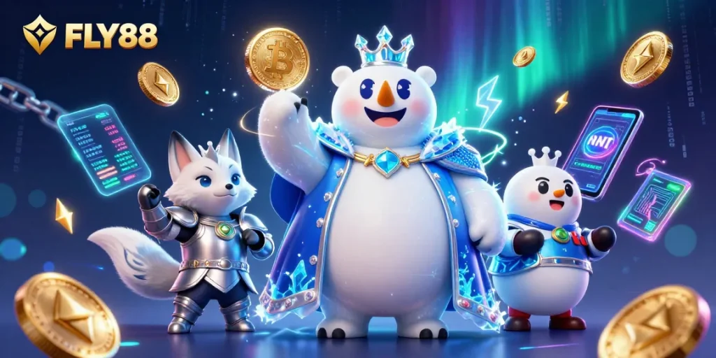 Experience thrilling gameplay at FLY88 with vibrant 3D characters and cryptocurrency elements in a fantastic setting.