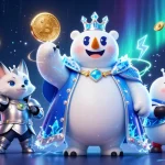 Experience thrilling gameplay at FLY88 with vibrant 3D characters and cryptocurrency elements in a fantastic setting.