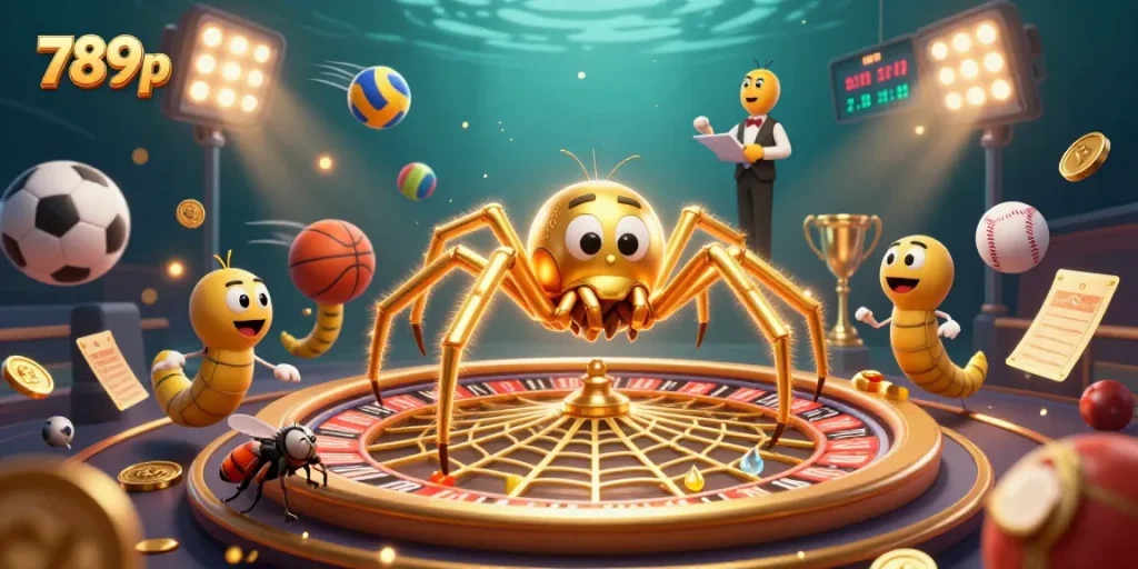 Experience the thrilling world of 789p as the golden spider spins a roulette web amidst vibrant gaming action.