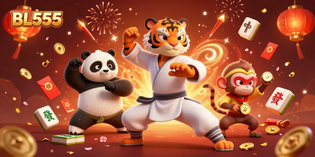 Experience thrilling gameplay with BL555 in a vibrant fantasy illustration of a tiger master and panda disciple surrounded by games.