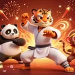 Experience thrilling gameplay with BL555 in a vibrant fantasy illustration of a tiger master and panda disciple surrounded by games.