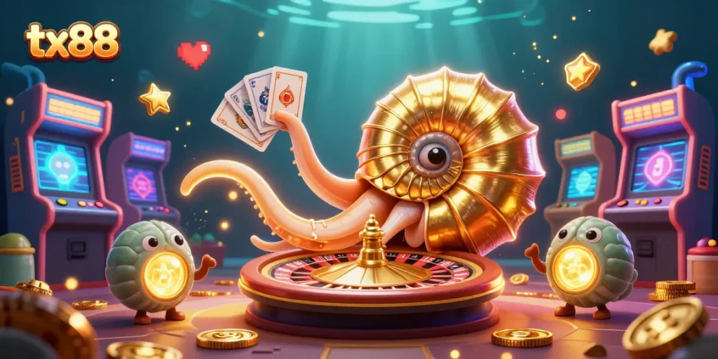 Engaging 3D illustration of tx88 featuring a giant nautilus roulette wheel amidst vibrant casino game elements.