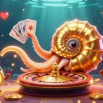 Engaging 3D illustration of tx88 featuring a giant nautilus roulette wheel amidst vibrant casino game elements.