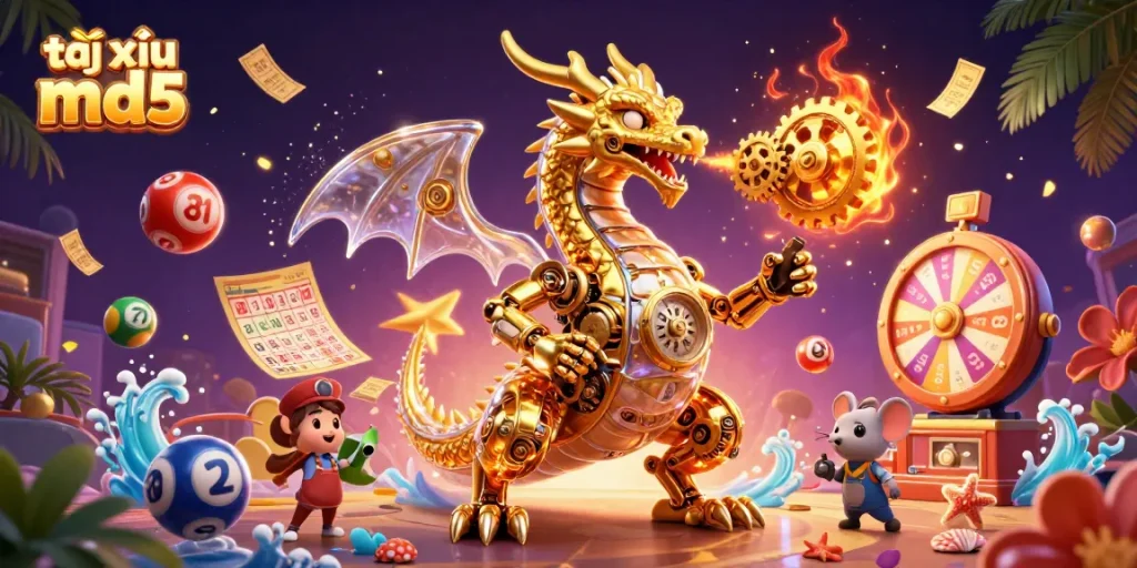 Engage with the thrilling world of tài xỉu md5 as vibrant lottery balls bounce around a golden dragon.