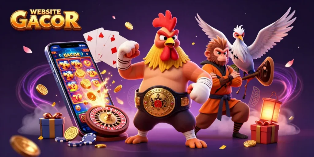 Engage with WEBSITE GACOR by exploring colorful slot games and vibrant casino elements in this 3D illustration.
