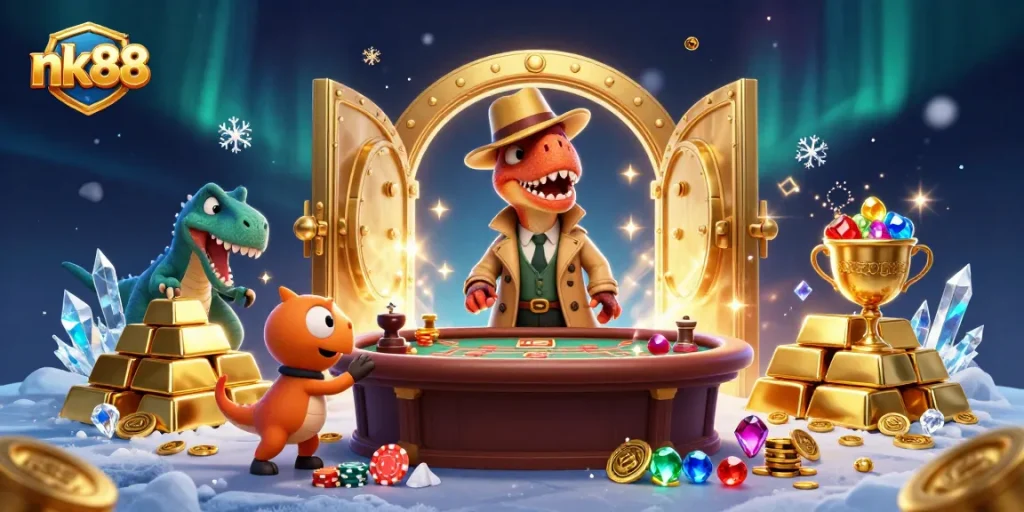 Experience thrilling moments with nk88 as a cartoon velociraptor card counter at a blackjack table amid gems and gold.