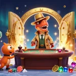 Experience thrilling moments with nk88 as a cartoon velociraptor card counter at a blackjack table amid gems and gold.
