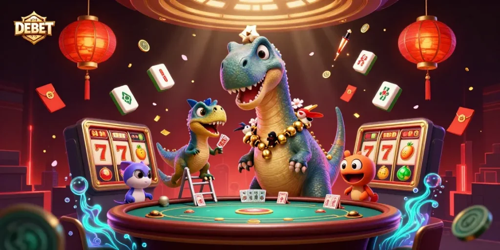 Experience the excitement of DEBET with a lively 3D casino scene featuring a towering brontosaurus.