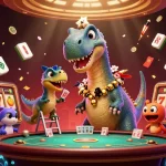 Experience the excitement of DEBET with a lively 3D casino scene featuring a towering brontosaurus.