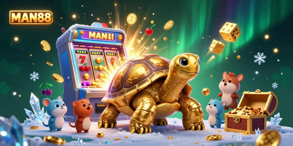 Experience gaming excitement at MAN88 with a vibrant casino scene featuring animated characters and jackpot elements.