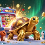 Experience gaming excitement at MAN88 with a vibrant casino scene featuring animated characters and jackpot elements.