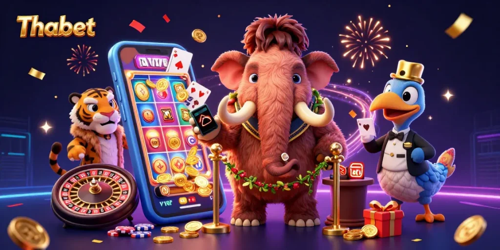 Experience Thabet's vibrant gaming atmosphere with elite characters at the casino entrance.