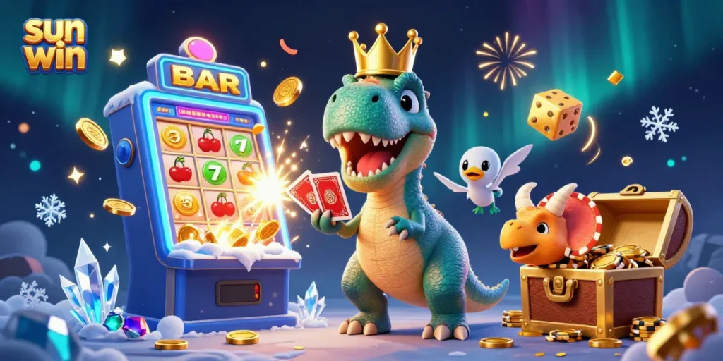 Engage in thrilling casino action with sun win as T-Rex shuffles cards and baby triceratops stacks chips.