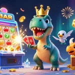 Engage in thrilling casino action with sun win as T-Rex shuffles cards and baby triceratops stacks chips.