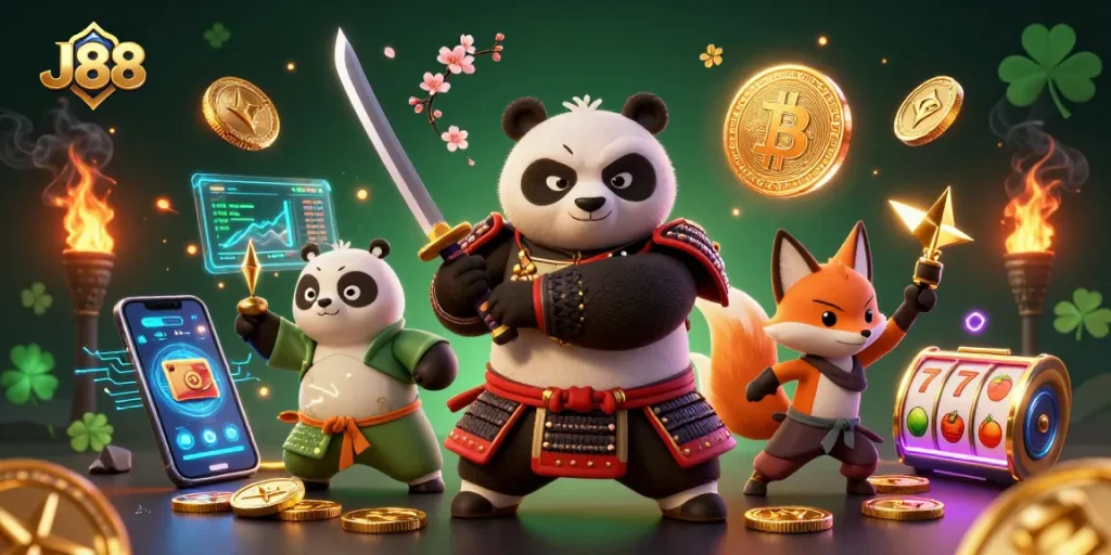 Join the excitement at J88, where a samurai panda and ninja fox celebrate gaming glory!