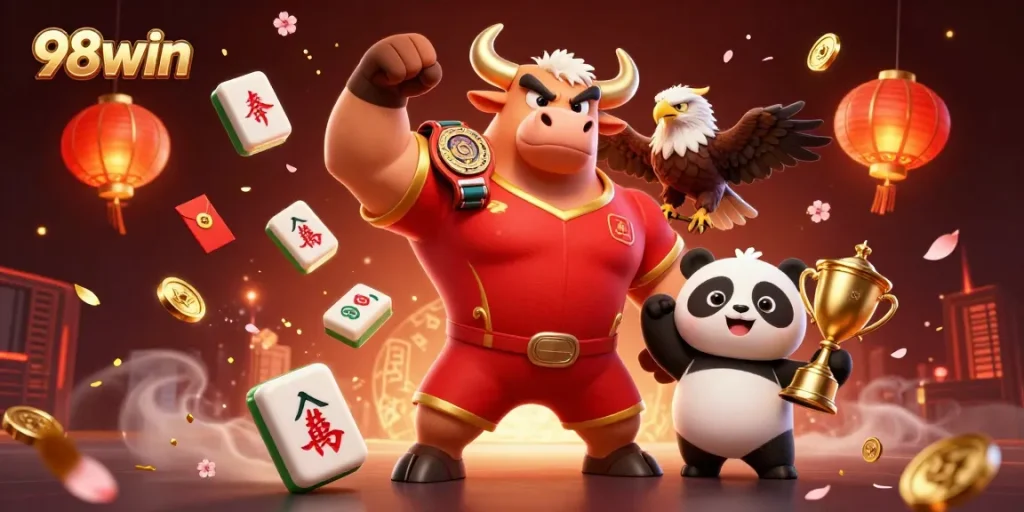 Experience the excitement at 98win with a victorious bull mascot, eagle, and panda amidst casino elements.