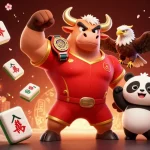 Experience the excitement at 98win with a victorious bull mascot, eagle, and panda amidst casino elements.
